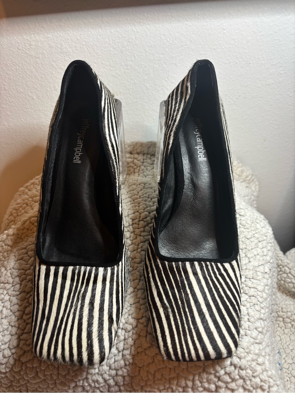 Jeffrey Campbell Zebra-Stripe Square Toe Pumps in Black and White